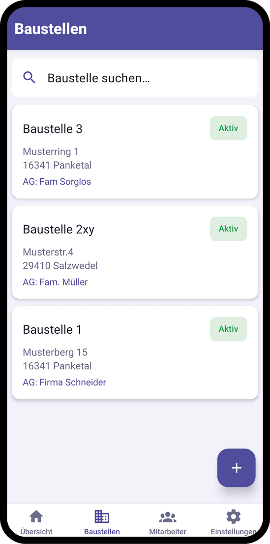 BauDoku Baustellenliste mit Adresse und Auftraggeber