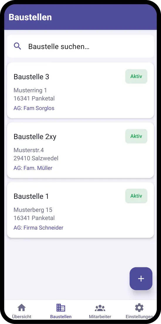 BauDoku Baustellenliste mit Adresse und Auftraggeber