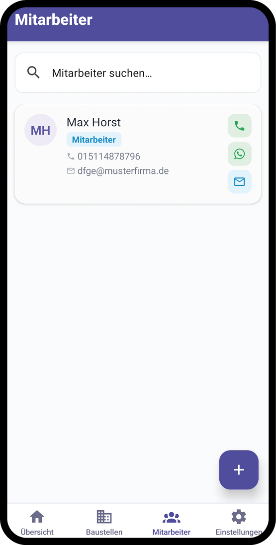 BauDoku Mitarbeiterverwaltung mit Direktkontakt per Telefon, WhatsApp und E-Mail