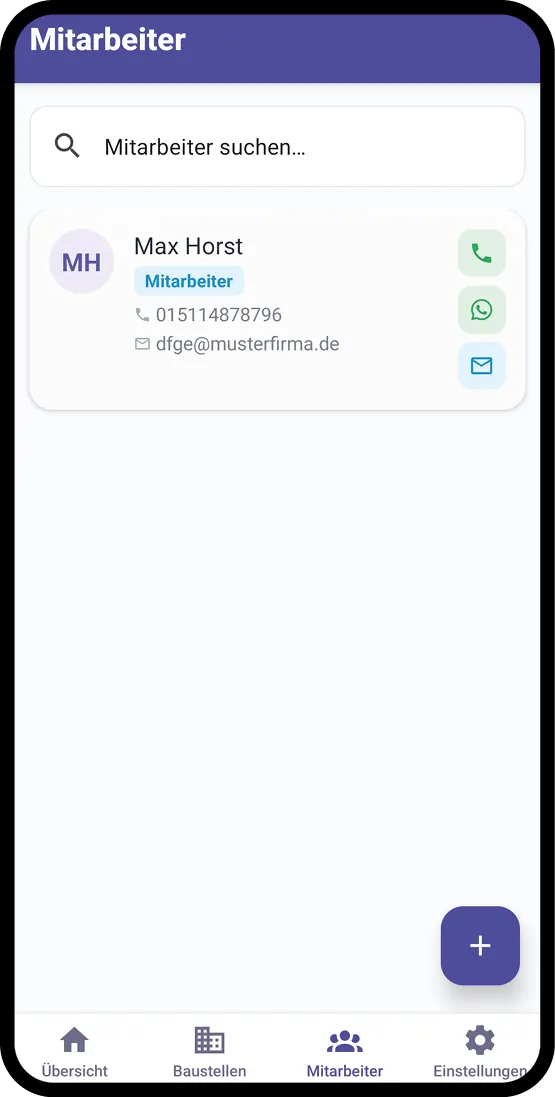 BauDoku Mitarbeiterverwaltung mit Direktkontakt per Telefon, WhatsApp und E-Mail