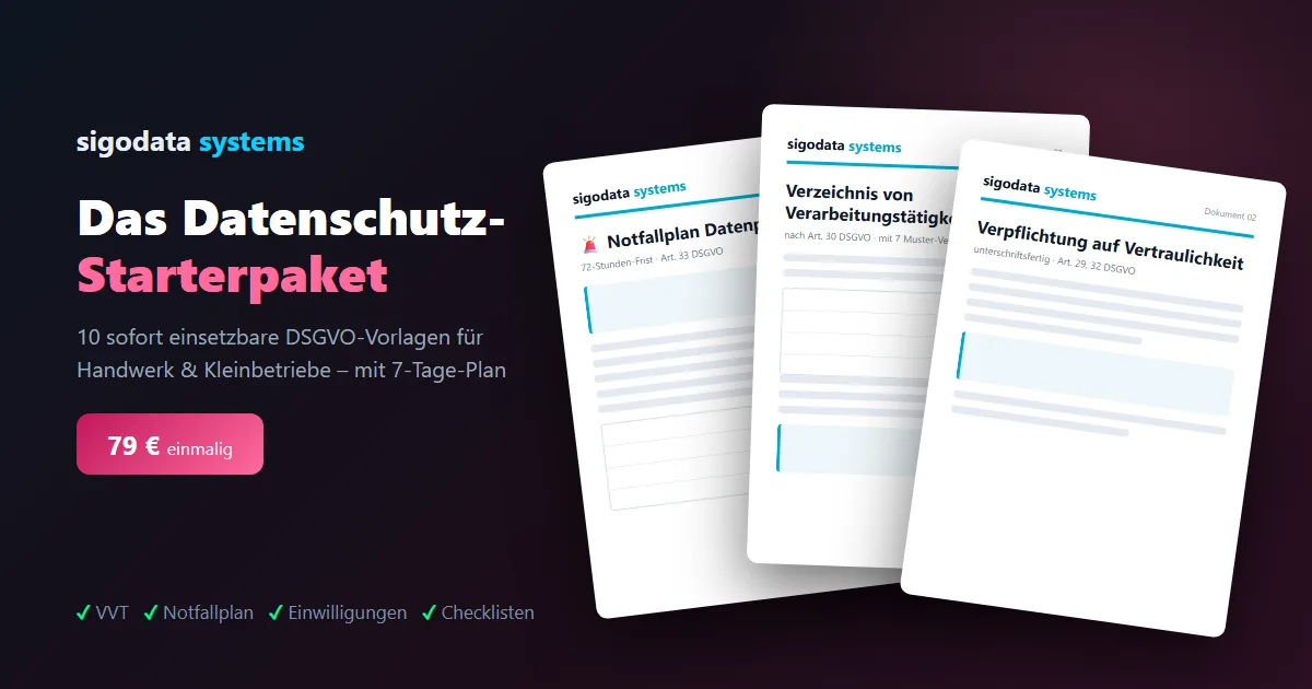 Das sigodata Datenschutz-Starterpaket: 10 DSGVO-Vorlagen für 79 € – Notfallplan, Verarbeitungsverzeichnis und Vertraulichkeitsverpflichtung